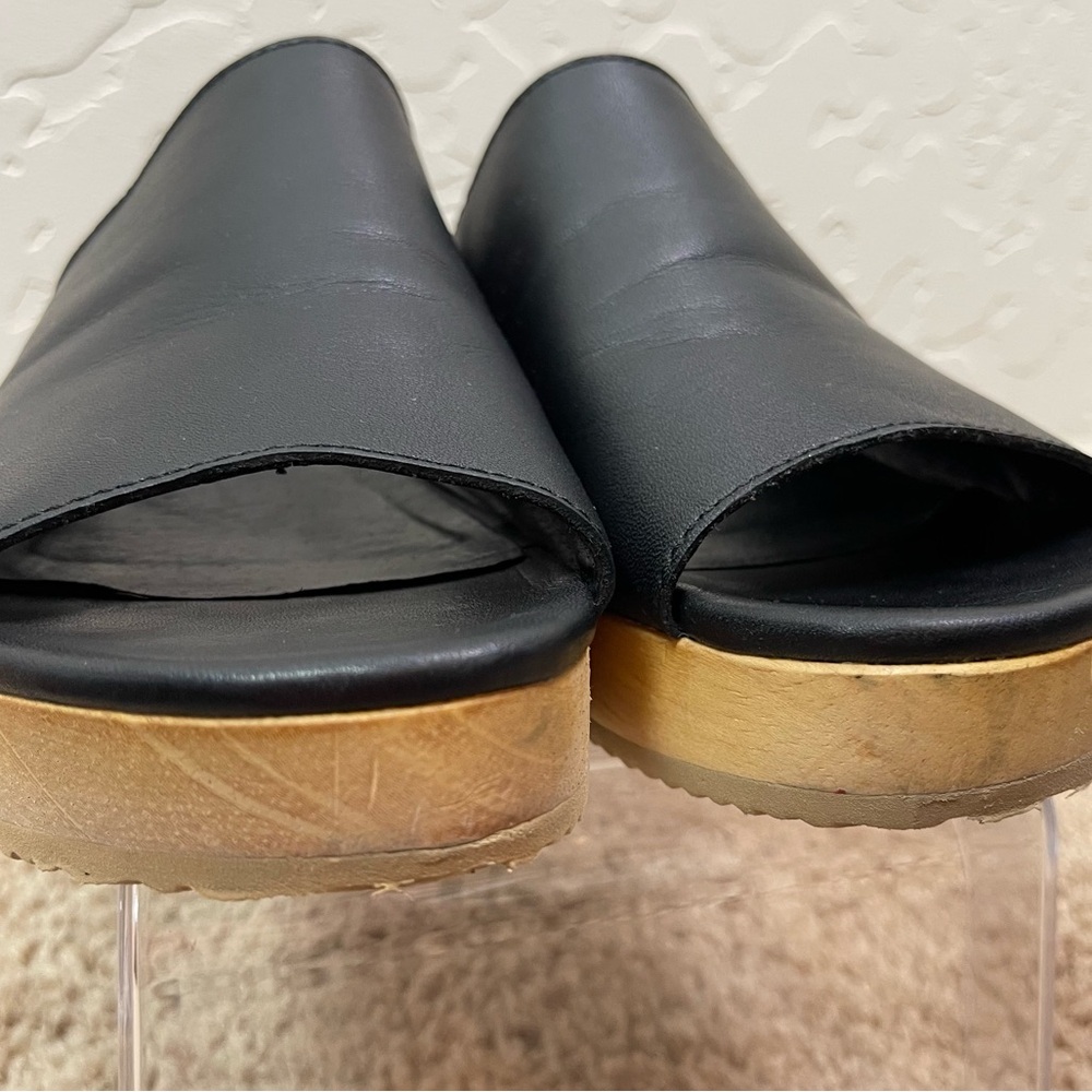 Eileen Fisher Size 11 Novel Black Leather Platform Wooden Clog Slide Sandals - Picture 11 of 16
